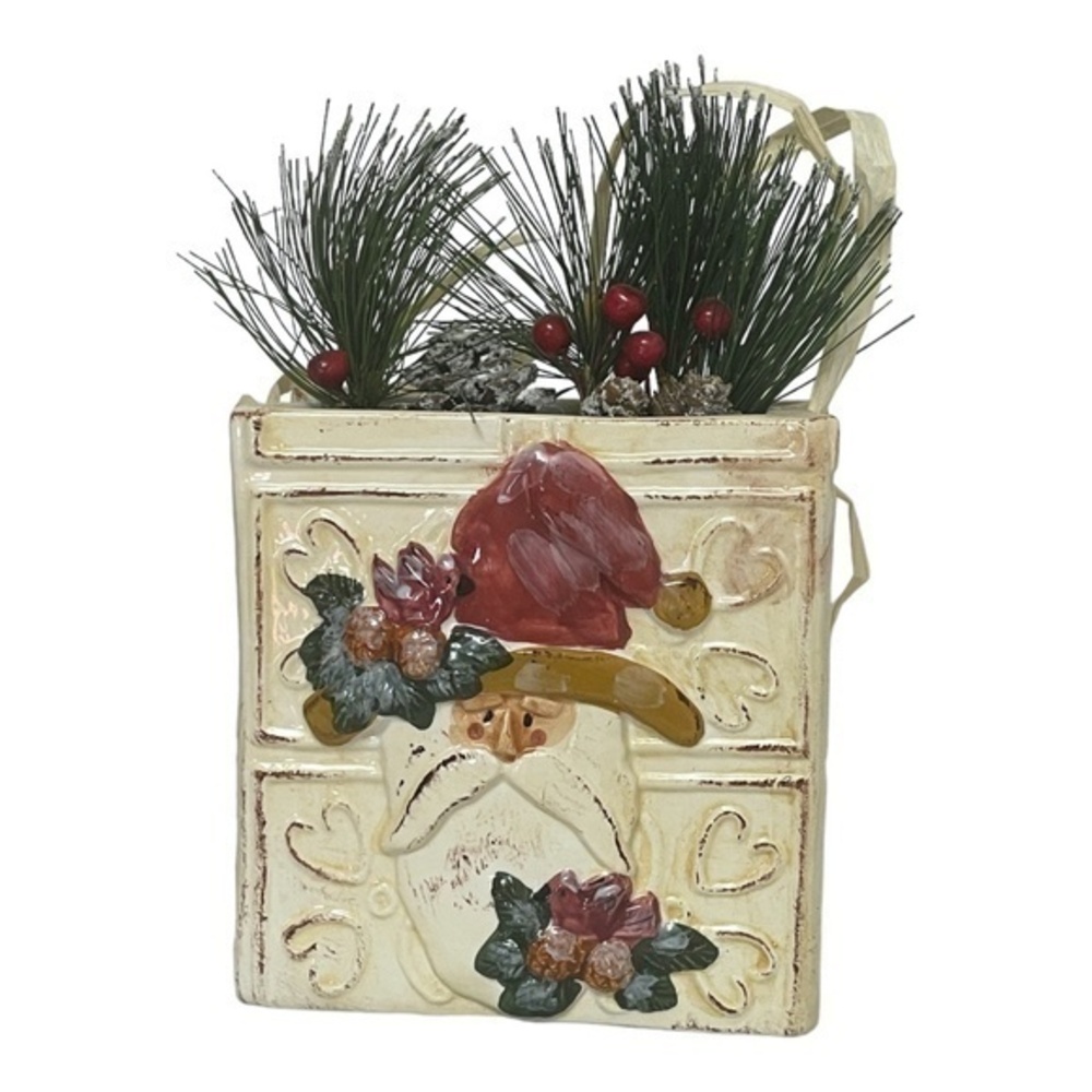 Handpainted Ceramic Santa Faux Bag Centerpiece Greenery